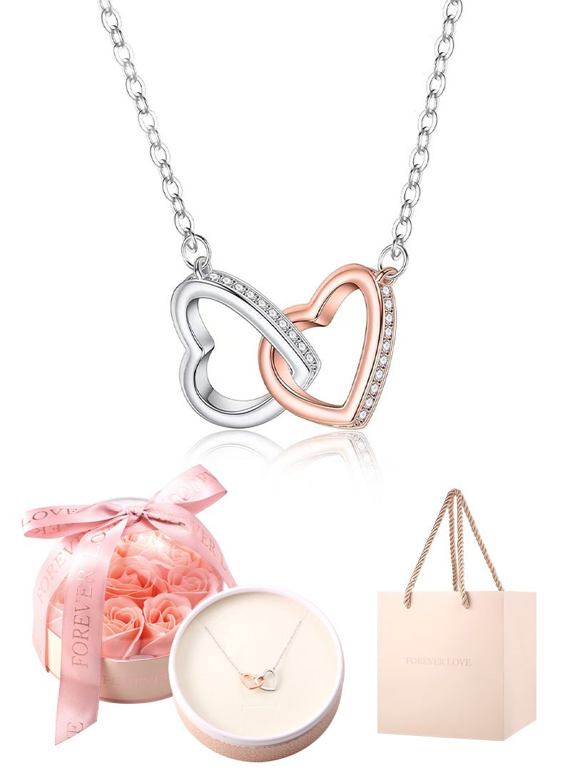 قلادة من الفضة الإسترلينية S925 على شكل قلب مزدوج مع صندوق هدايا مزين بزهور محفوظة، الهدية المثالية لزوجتك أو والدتك في ذكرى الزواج أو عيد الأم أو أعياد الميلاد. - Image 1